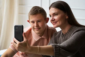 Mother and son taking a selfie together